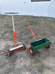 Vintage Lawn Tools By Scotts & Montgomery Ward - Spreader & Push Mower