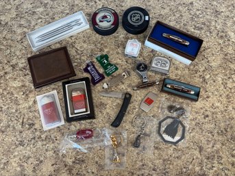 Misc Lot Of Random Items - Knives, Lighter, Oil Drill Bit Keychains Wallet