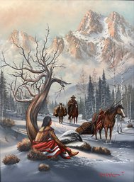 Vintage Western Landscape Native American Original Oil Painting By Mickey McGuire 27.5 X 34