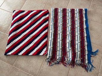 Pair Of Vintage Handmade Knit Afghan Style Knitted Blankets