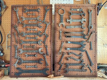 Pair Of Vintage Folk Art With Old Wrenches On Peg Board