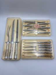 Lot Of Carvel Hall Stainless Steel Silver Overlay Steak Knives, Forks & Serving Fork Utensil Set