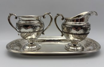 Vintage Rose Point By Wallace, Sterling Silver Cream Pitcher, Sugar Bowl & Tray (14.5oz)