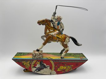 Vintage Marx Range Rider Wind-Up Tin Litho Rocking Western Toy W/ Lasso