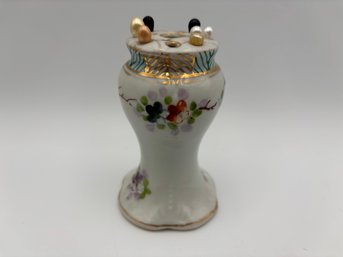Vintage Porcelain Hand Painted Floral Gold Gilt Hat Pin Holder With Hat Pins 3.75'