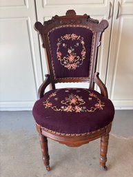 Antique Carved Walnut Victorian Needlepoint Chair