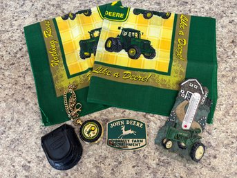 Lot Of John Deere Items - Handkerchief, Model B Franklin Mint Pocket Watch, Belt Buckle & Thermometer