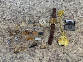 Lot Of Assorted Jewelry, Cuff Links, Collar Stay, Tie Stays, Watch, Etc