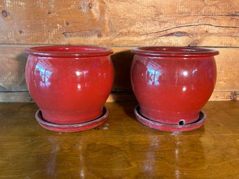 Lot Of 2 11' Round Red Glazed Ceramic Patio Pot Planters