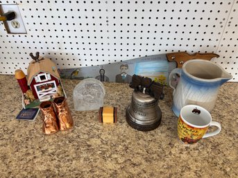 Farmhouse Decor Lot - Schmid Music Box, Copper Boots, Painted North Dakota Handsaw, Misc