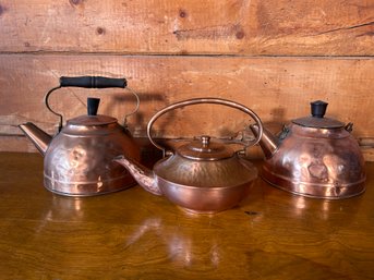 Lot Of 3 Vintage Antique Copper Tea Pots