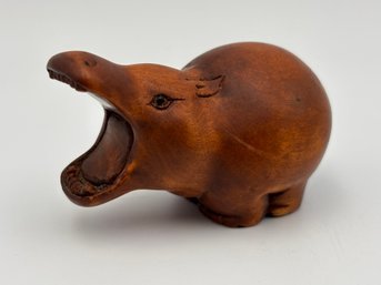 Vintage Wooden Hand-Carved Hippo Netsuke - 2' X 1.5'
