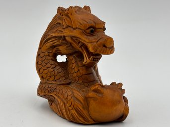 Wooden Hand-Carved Boxwood Netsuke Dragon - 1.75' X 1.75'