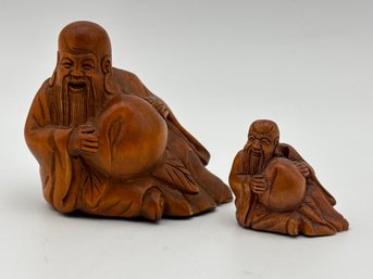Wooden Hand-Carved Buddha Netsuke Lot Of 2 - 2' X 1.5' & 1' X 1'