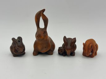 Wooden Hand-Carved Boxwood Netsuke Bunny Rabbit & Rat Lot
