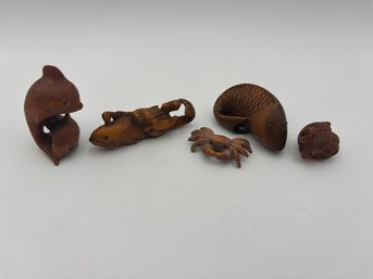 Wooden Hand-Carved Boxwood Netsuke Fish, Dolphin, Crab Lot