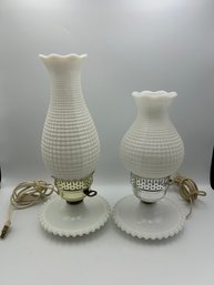 Vintage White Milk Glass Hobnail Hurricane Lamp Lot Of 2