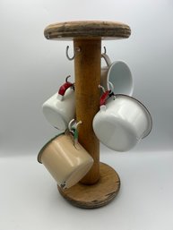 14' Wood Yarn Spool Cup Mug Holder Handmade Folk Art With Enamel Mugs