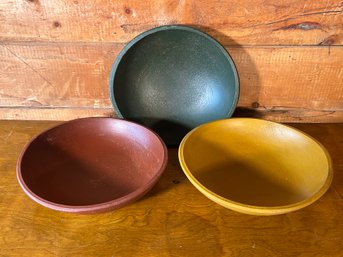 Lot Of 3 12' Inch Vintage Wooden Wood Decorative Dough Trinket Decor Bowls Red Yellow Green