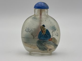 19th Century Antique Chinese Clear Glass Reverse Hand Painted Snuff Bottle 2'