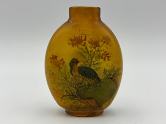 19th Century Antique Chinese Clear Glass Reverse Hand Painted Snuff Bottle With Animal Motifs (no Lid) 2.25'