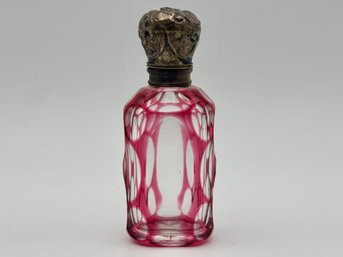 Antique 19th Century Red Cranberry Cut Glass Perfume Scent Bottle With Sterling Silver Hinged Cap 2.5'
