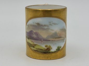 Antique Porcelain Handpainted Miniature Tea Cup Coalport Gold Gilt Mountain Scene Mug - 1.5'