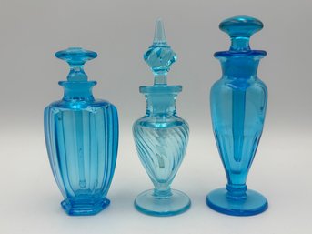 Lot Of 3 Vintage Mid Century Blue Glass Perfume Dropper Bottles  - Tiffin, Etc