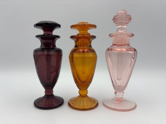 Lot Of 3 Vintage Glass Perfume Bottles - Purple, Pink & Amber
