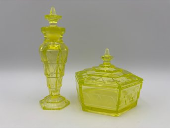 Antique Pair Of Bohemian Art Deco Yellow Uraline Vaseline Uranium Glass Perfume Bottle & Powder Box