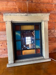 Architectural Salvage Large Antique Window Frame With Stained Glass Windows And Mirror 34 W X 37.5 H