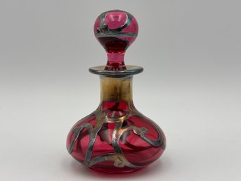 Vintage Cranberry Red Art Nouveau Glass Perfume Bottle With Sterling Silver Overlay