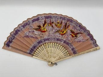 Antique Chinese Hand Painted Paper & Wood Hand Held Fan Ivory Tone Bird Motif 8.5' X 15'