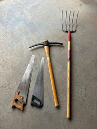 Lot Of Garden Tools - Pick Axe, True Temper Manure Fork & 2 Hand Saws