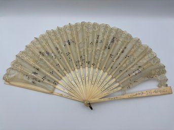 Antique Chinese Laced Lace Hand Held Fan Ivory Tone 9.75 X 17.5