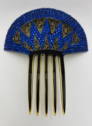 Antique 1920's Art Deco Celluloid Fan Hair Comb With Blue Rhinestones Hair Pick 5.5 X 5.5