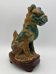 Antique Ming Dynasty Turquoise Chinese Foo Dog Pottery Stone Glazed Statue 9.5'