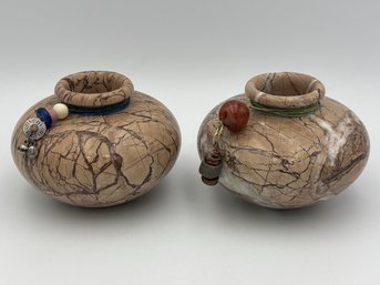 Pair Of 2 Vintage Native American Horse Hair Pottery Vases 4'