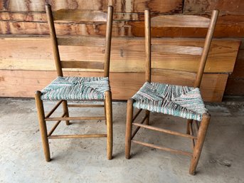 Pair Of 2 Antique Ladder Back Chairs With Knit Bottoms