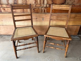Pair Of 2 Wood Antique Cane Rattan Dining Chairs