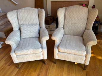 Pair Of Vintage Cream Colored Upholstered Wingback Arm Chairs