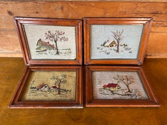 Lot Of 4 Antique Cabin Scenes Cross-Stitch Needlepoints In Wood Frames