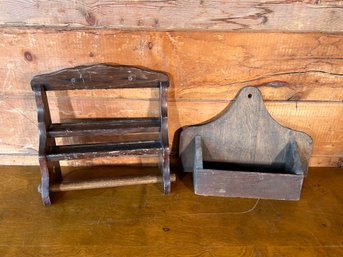 Lot Of 2 Vintage Rustic Wood Hosehold Storage Shelfs & Towel Holder