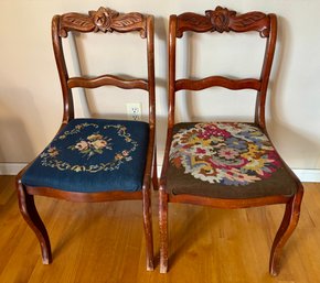 Pair Of Antique 20th Century Carved Rose Back Needle Point Chairs