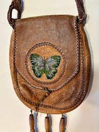 Vintage 1970s Skip Hepburn Leather Purse Satchel Bag With Beaded Butterfly