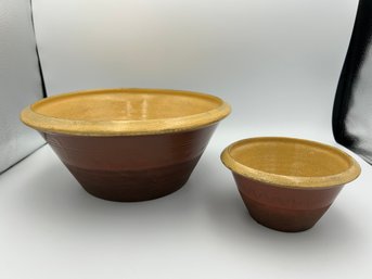 Wisconsin Pottery Redware Bowl Earthenware Yellow Glaze Vintage Primitive Etched - 10.5' And 5.5'