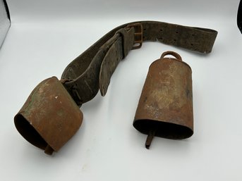Antique Lot Of 2 Cowbells, One With Leather Neck Collar