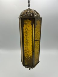 Vintage Moroccan Hanging Brass And Yellow Stained Glass Lantern 10'