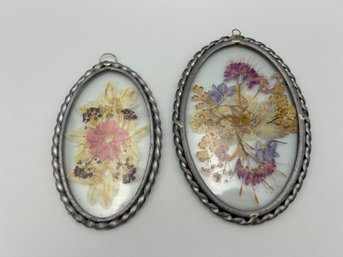 Vintage Oval Boho Lasting Impressions Pressed Flowers In Glass Lot Of 2
