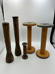 Lot Of 5 Large Antique Wooden Spools